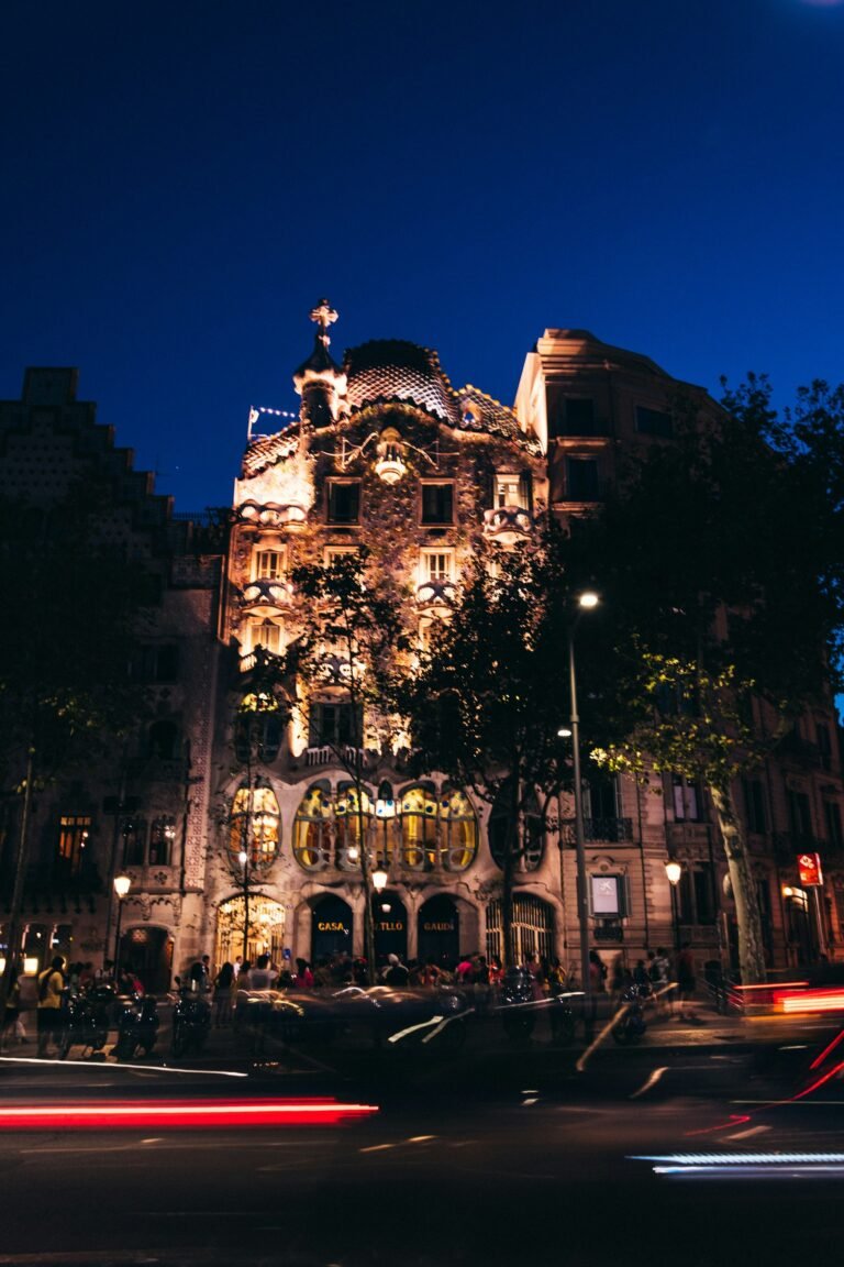Barcelona building lit up at night