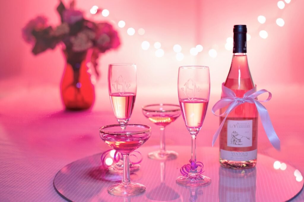 pink wine, champagne, celebration, pink, valentine's day, wedding, party, holiday, drink, glasses, wineglasses, wine, wine bottle, alcohol, beverage, happy birthday, bottle, crystal, celebrate, anniversary, pink birthday