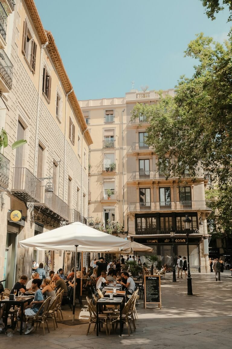 Outdoor seating area of tapas bars in Barcelona