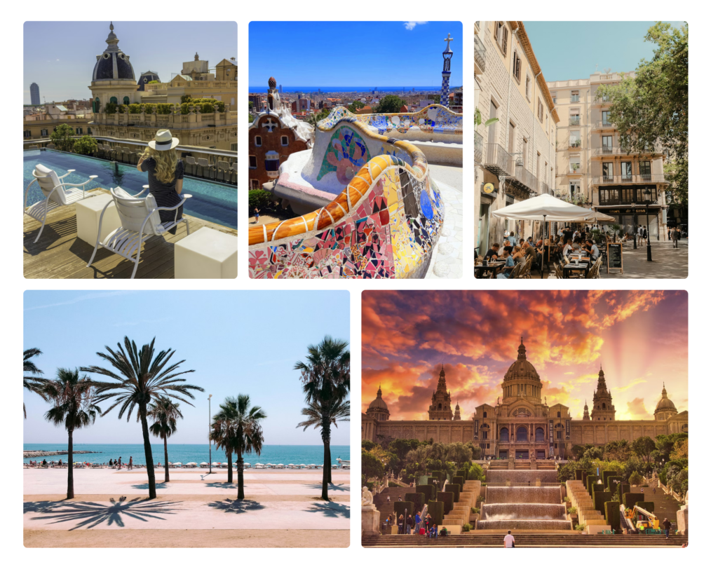 Rooftop pool, Park Guell, cafe in Barcelona, La Barceloneta and fountains